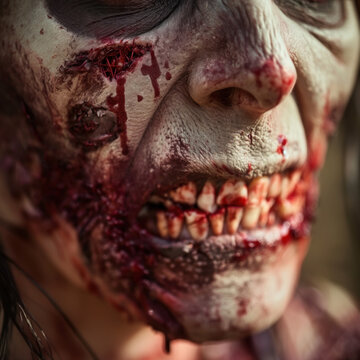 Infected zombie bite close-up, quarantine text on skin