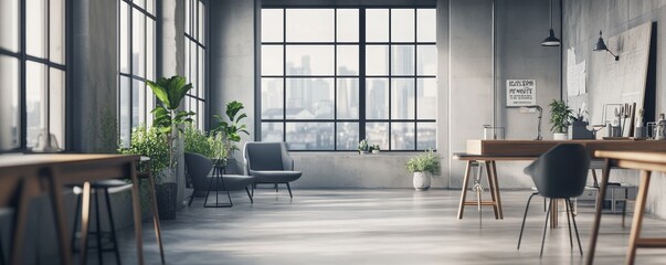 Modern loft interior with large windows, wooden furniture, and plants.