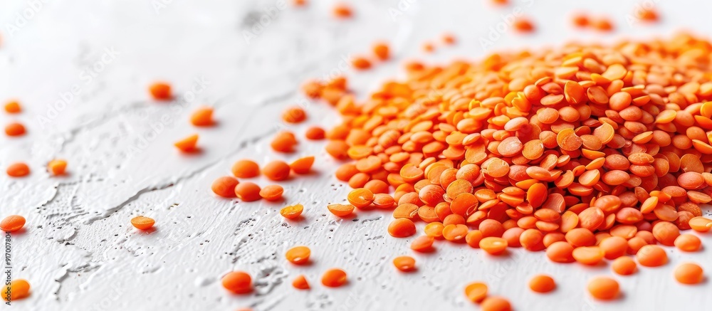 Poster Red lentils arranged attractively on a clean white surface ideal for a copy space image