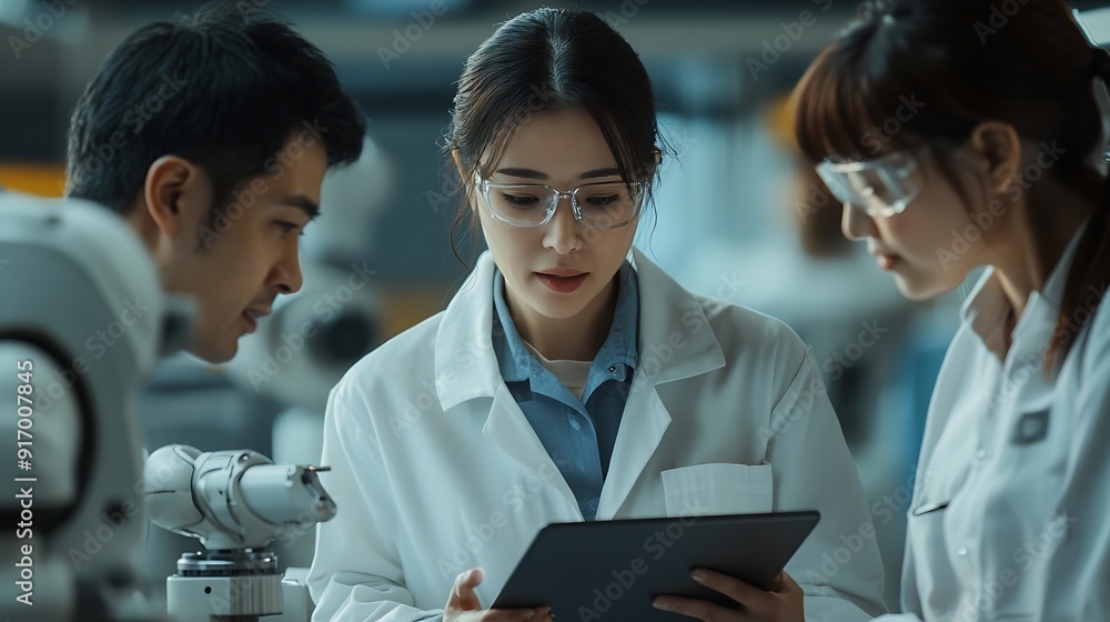 Aufkleber Business engineers meet and check control heavy machine robot arm Diverse Team of Industrial Robotics Engineers Gathered Around machine Professional Machinery Operator Use Industrial D : Generative AI
