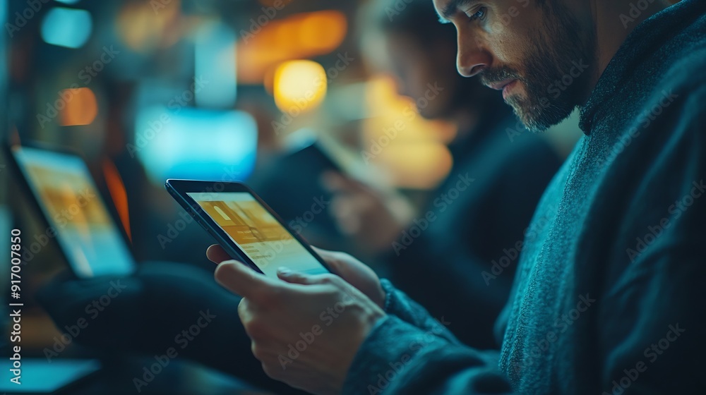 Poster technical staff working while checking their tablet devices : generative ai