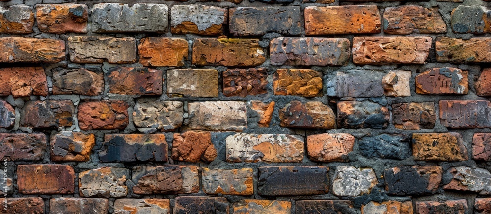 Poster an assortment of aged and fresh bricks forming a rustic brick wall suitable as a backdrop for design