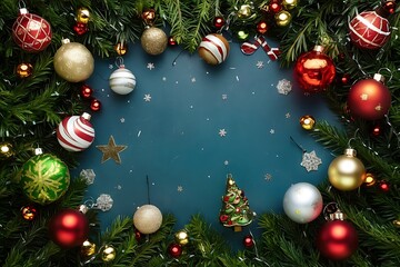 Green Christmas background with fir branches and decorations. with copyspace
