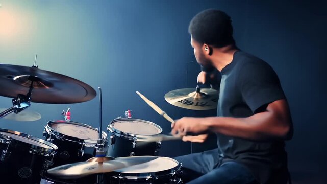 Instrumental live music concert. Rock musician. Musical performer play bass drums with drumsticks at night club stage. Drummer player solo perform. Male artist silhouette. Handsome professional guy.