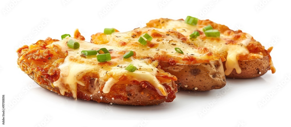 Aufkleber baked potato slices topped with crispy cutlet and melted cheese displayed on a copy space image