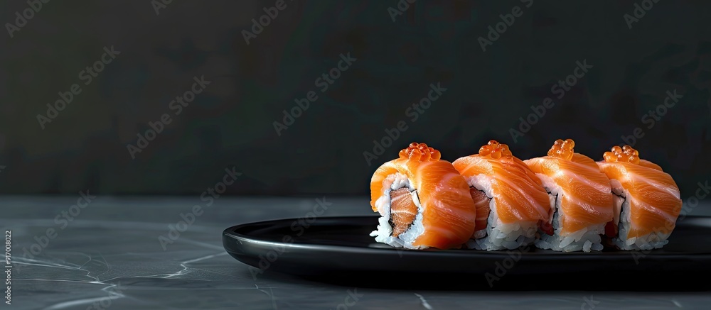 Poster salmon sushi roll placed on a sleek black plate with ample copy space image for presentation