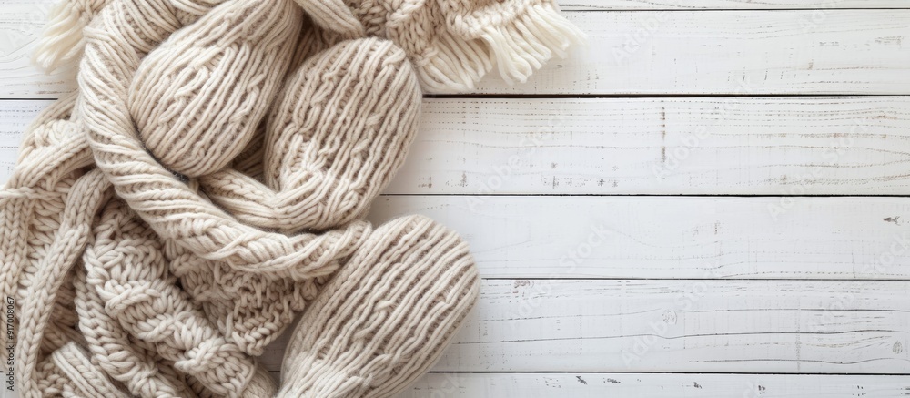 Poster top down view of beige knitted scarf and mittens on a white wooden table with room for text in the i