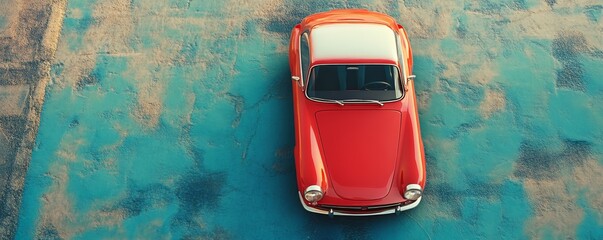 Red vintage car parked on a blue and brown surface.