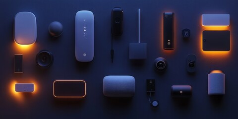 High-tech collection of smart home devices in a sleek, dark setting with ambient lighting, showcasing minimalistic design and modern technology for a futuristic lifestyle.