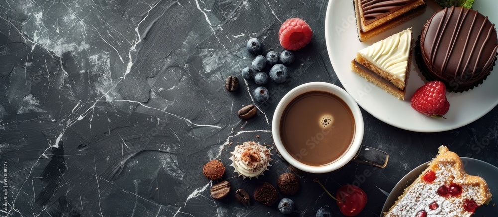 Poster coffee and dessert laid out on the counter table with copy space image