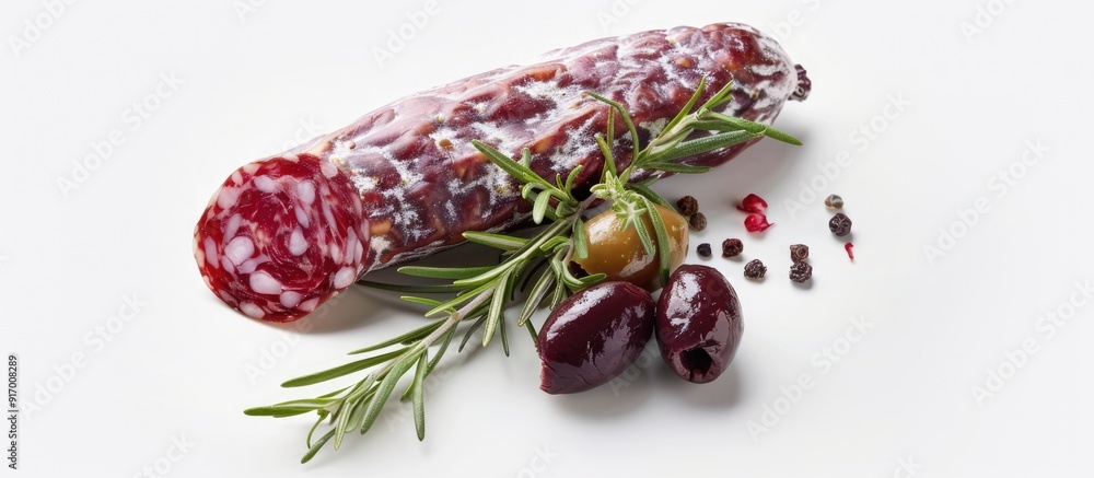 Canvas Prints A slice of French salami garnished with fresh rosemary and olives on a plain white backdrop allowing for copy space image