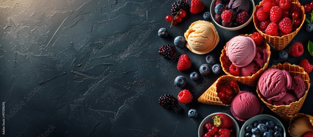 Aufkleber bright ice cream in bowls with waffle cones berries on a dark backdrop various flavors with fresh be