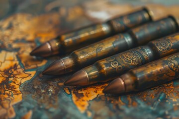 Four antique bullets on rusted metal. A close-up of vintage ammunition. Depicts historical weaponry for collectors. The focus is clear on the texture of the bullets. Generative AI