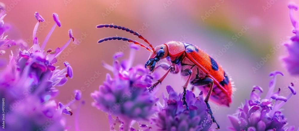 Poster close up shot of a red checkered beetle gathering pollen from a purple flower in a macro photo with 