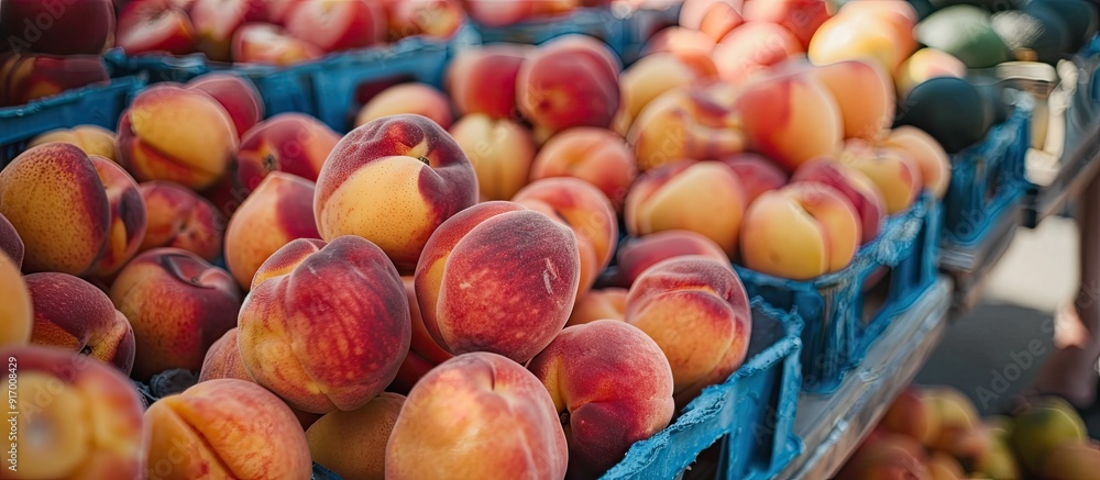 Poster fresh ripe peaches displayed on a market stall with available copy space image