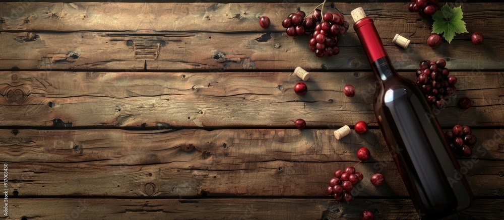 Poster red wine bottle with grapes and corks on a wooden surface creating a rustic look with surrounding em