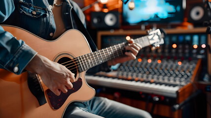Obraz premium Acoustic Guitar Player Recording Music Studio Performance Songwriting Creativity