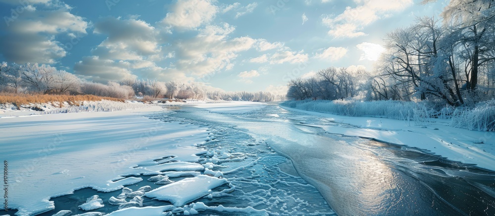 Poster frozen river in landscape scenery with melting ice offering a serene view with copy space image