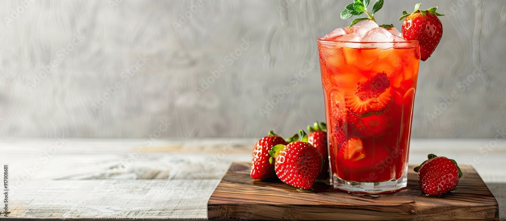 Aufkleber a wooden board topped with a glass of strawberry lemonade set against a white backdrop creating a pi