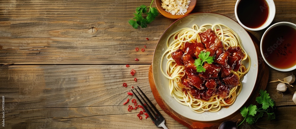 Aufkleber chinese style plates with egg noodles topped with barbeque pork served on a wooden table alongside t