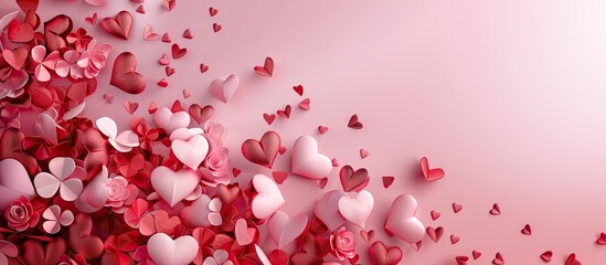 Heart shaped items in pink red and white create a charming backdrop perfect for Valentine s Day featuring clover symbols symbolizing love and romance against a copy space image