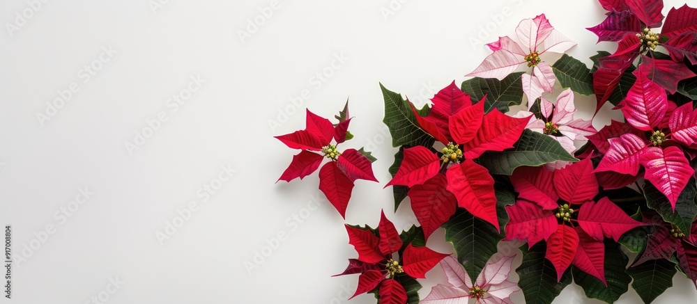 Aufkleber red and pink poinsettia flowers on white background with copy space image for text seen from above i