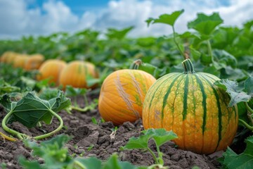 A field of pumpkins. Orange pumpkins in garden. A harvest of pumpkins in the soil illuminated by the sun. Vegetables. Bashtan