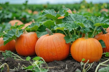 A field of pumpkins. Orange pumpkins in garden. A harvest of pumpkins in the soil illuminated by the sun. Vegetables. Bashtan