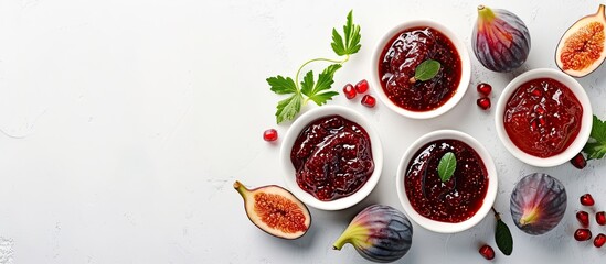 Sweet fig jam in bowls on a white backdrop with copy space image