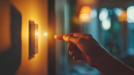 Close up of finger turn off on light switch at the wall Energy saving concept : Generative AI