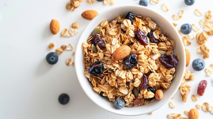 A beautifully arranged bowl of granola featuring rolled oats, nuts, seeds, and dried fruits. 