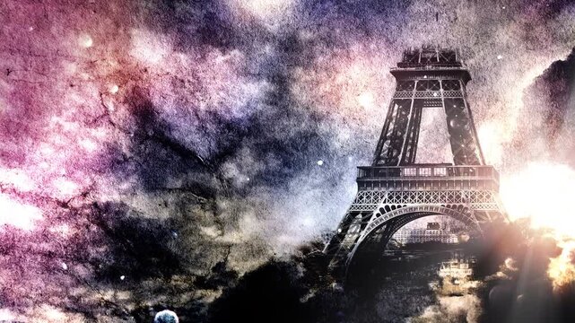 Eiffel Tower appears smoothly on old grunge paper with time lapse of clouds in the sky at sunset with slow motion video of dust flying in the air. Creative, combined 3D 4K parallax video.