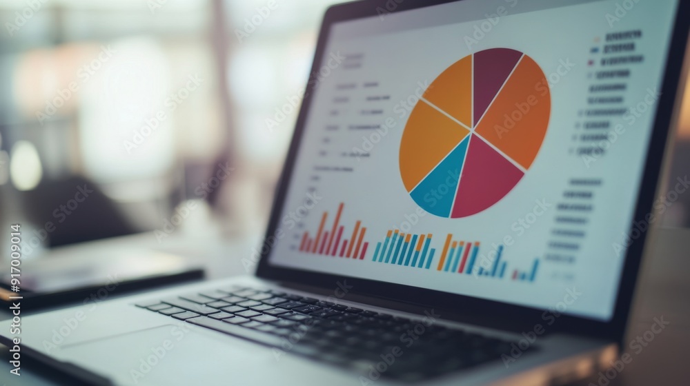 Poster an image of a pie chart with interactive segments on a laptop screen, demonstrating business data wi