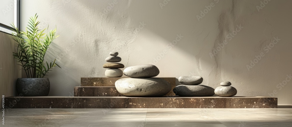 Poster use brown stones on podium for displaying products with copy space image