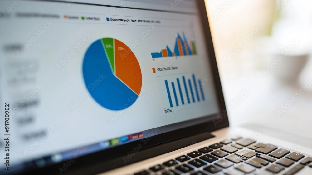 Fototapete An image of a pie chart with interactive segments on a laptop screen, demonstrating business data with clickable sections for detailed views.