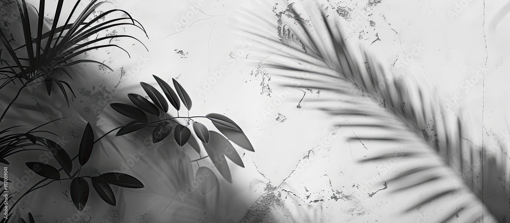 Poster abstract black and white backdrop featuring leaf shadows on a concrete surface with copy space image
