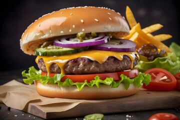 Close-up of a juicy cheeseburger with melted cheese, lettuce, tomato, and onion on a wooden board.