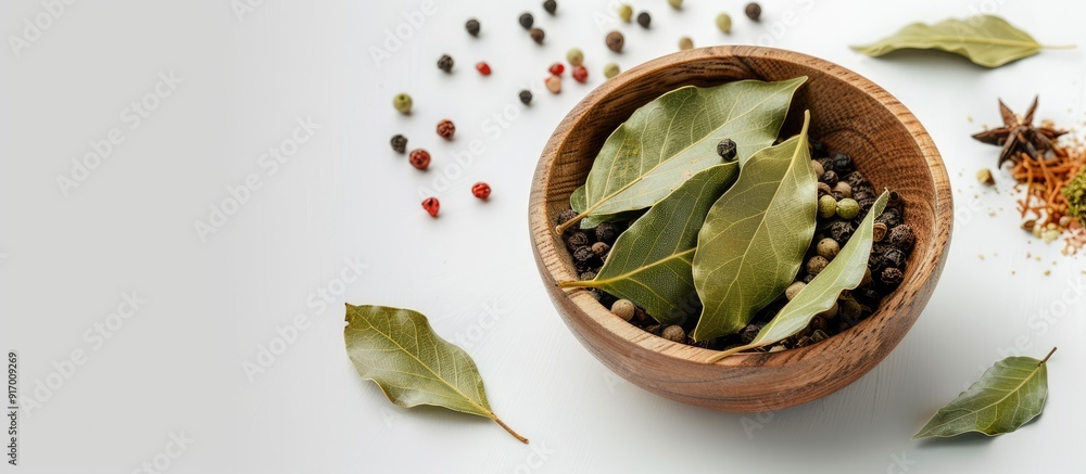Poster wooden bowl with bay leaves on white backdrop ideal for copy space image includes various spices and