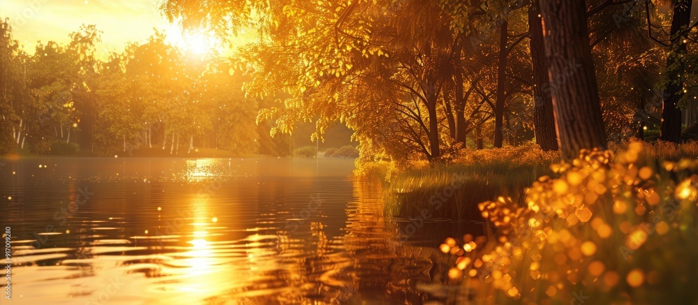 Poster a warm summer day with a bright golden sunset peeking through trees by a lake creating a serene copy