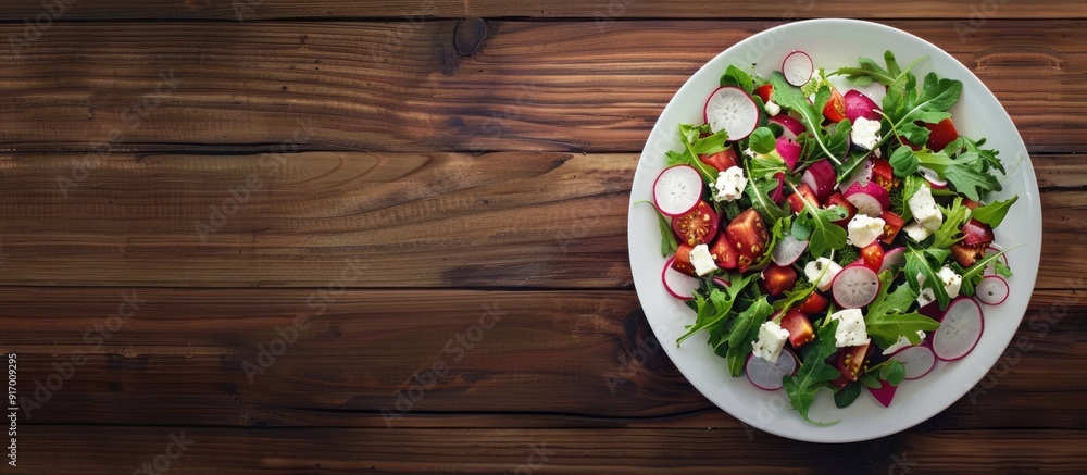 Poster Fresh vegetable salad with radish and feta cheese on a wooden background perfect for social media with copy space image