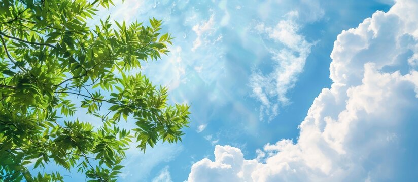 Copy space image of green tree branches set against a sky with fluffy white clouds creating a serene design backdrop with a hint of color