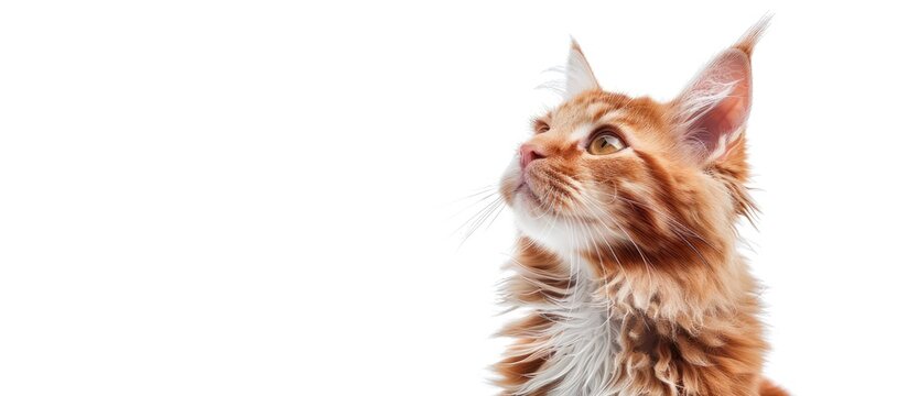 A Silver Maine Coon cat mature and red in color sits attentively while looking upwards against a plain white background with copy space image