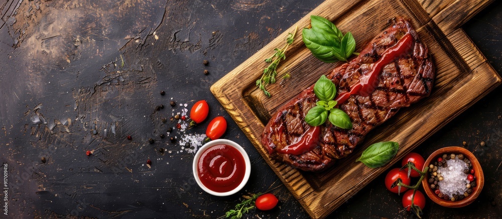 Poster top view of a grilled beef steak on a wooden cutting board with ketchup sauce and condiments allowin