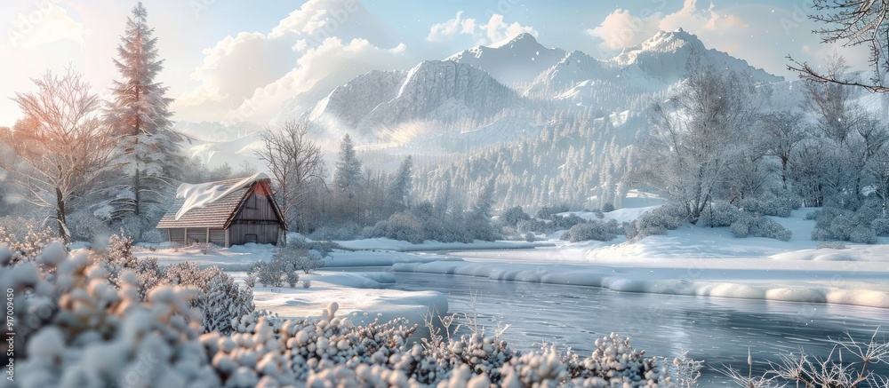 Aufkleber in winter snow covers the landscape creating a serene picture with a peaceful ambiance and a tranqui