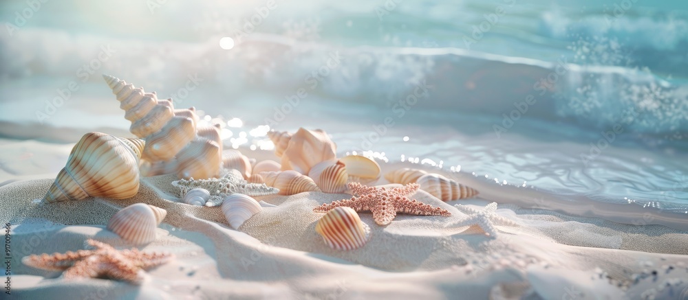 Poster copy space image with seashells starfish and a sandy beach backdrop blending into the ocean