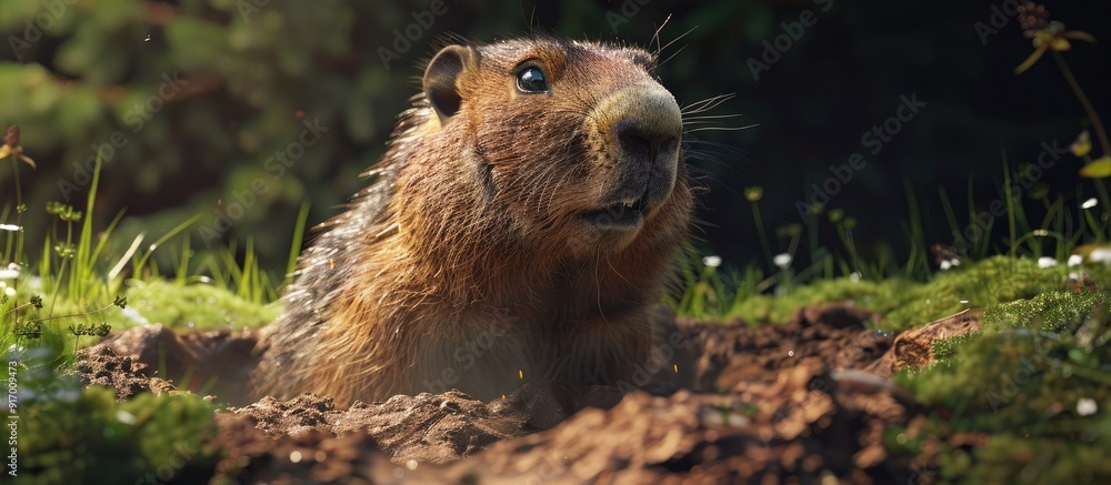 Poster A groundhog emerging from its burrow with copy space image