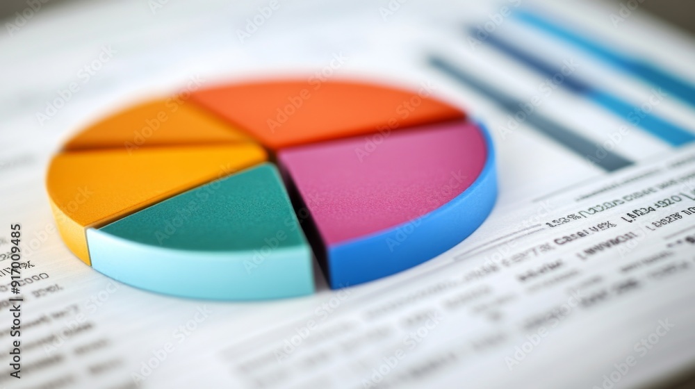 Poster an image of a printed business report with a pie chart, showing different colored segments and perce