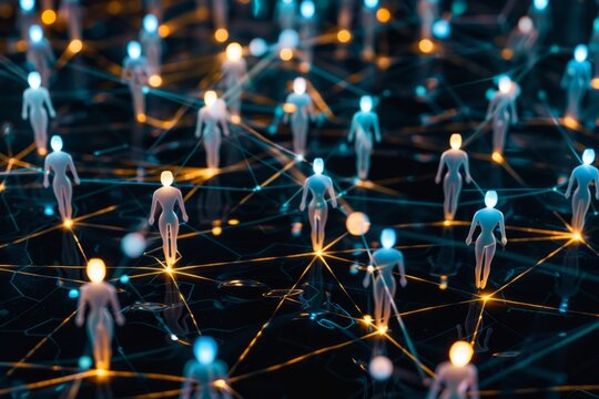 Futuristic visualization of a digital network with human-like figures. Glowing connections represent data flow. Conceptual image for AI, technology. Abstract style, vibrant colors, high tech. AI