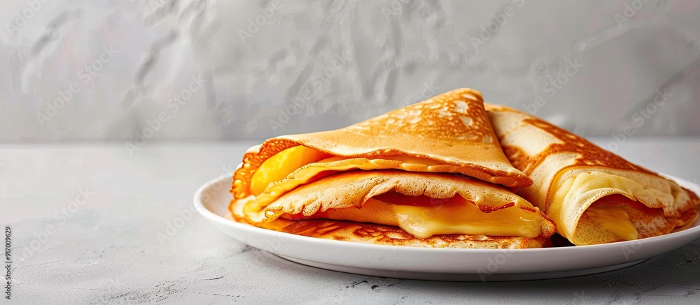 Aufkleber pancakes filled with cheese displayed on a white plate with copy space image