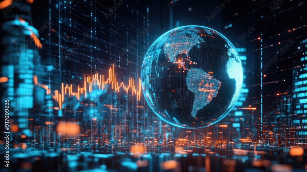 Poster digital globe with data streams and charts